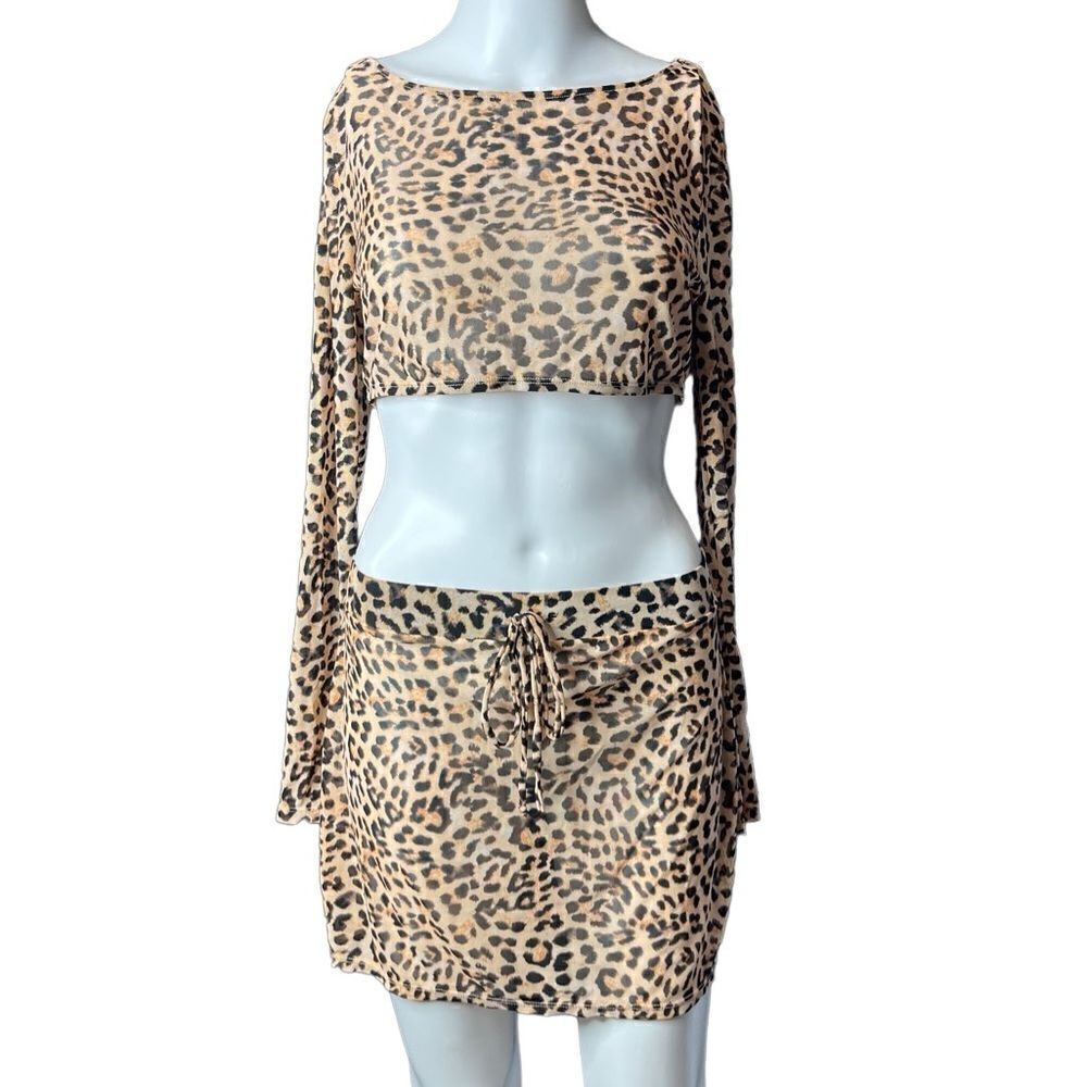 Fashion Nova Ibiza Summer 2 Piece Mesh Cover UP Skirt Set Leopard Brown Medium